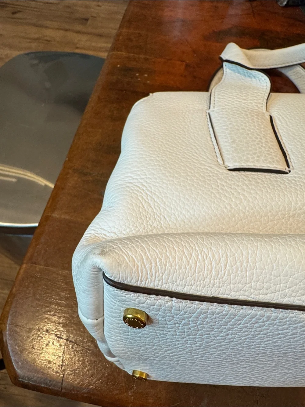 Donna Karan Amagansett White Pebbled Leather Satchel with Gold Hardware